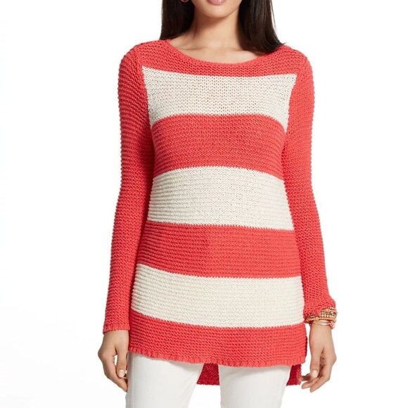 Chico's "Harley" Coral & Ivory Stripe Gold Metallic Thread High/Low Sweater M - Picture 1 of 10